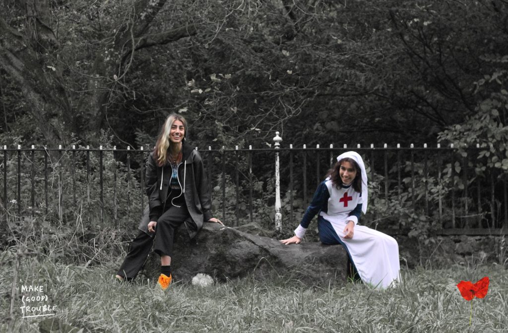 Teens in modern and WW1 dress at project photoshoot