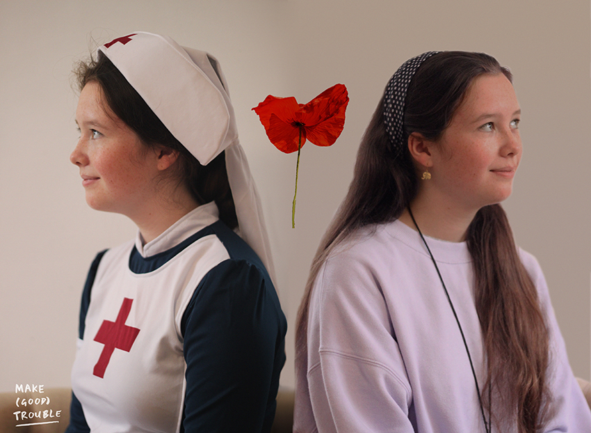 Teen in WW1 and modern dress