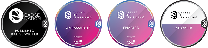RSA Cities of Learning digital badges: Badge Nation published badge writer; Cities of Learning Ambassador; Cities of Learning Enabler; Cities of Learning Adopter.