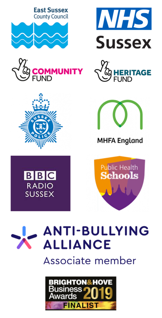 Supporter logos: East Sussex County Council, NHS Sussex, National Lottery Community Fund, National Lottery Heritage Fund, Sussex Police, BBC Radio Sussex, Public Heath Schools, MHFA England, Anti Bullying Association Associate, Brighton & Hove Business Award Finalist 2019.